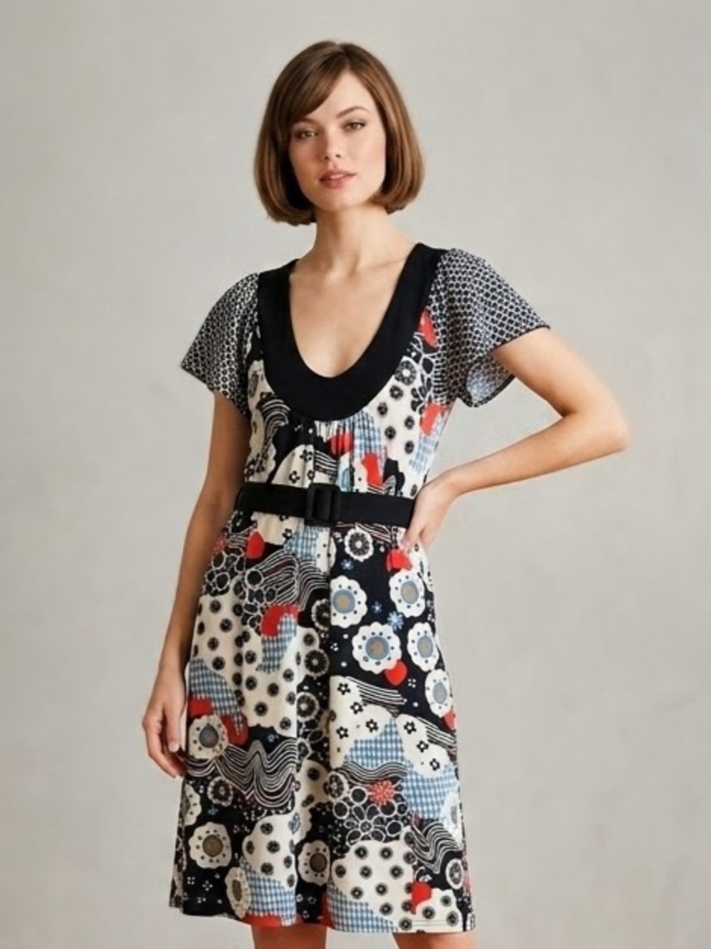 Gibson Vintage Mod Retro Floral Graphic Print Belted Midi Dress Small
